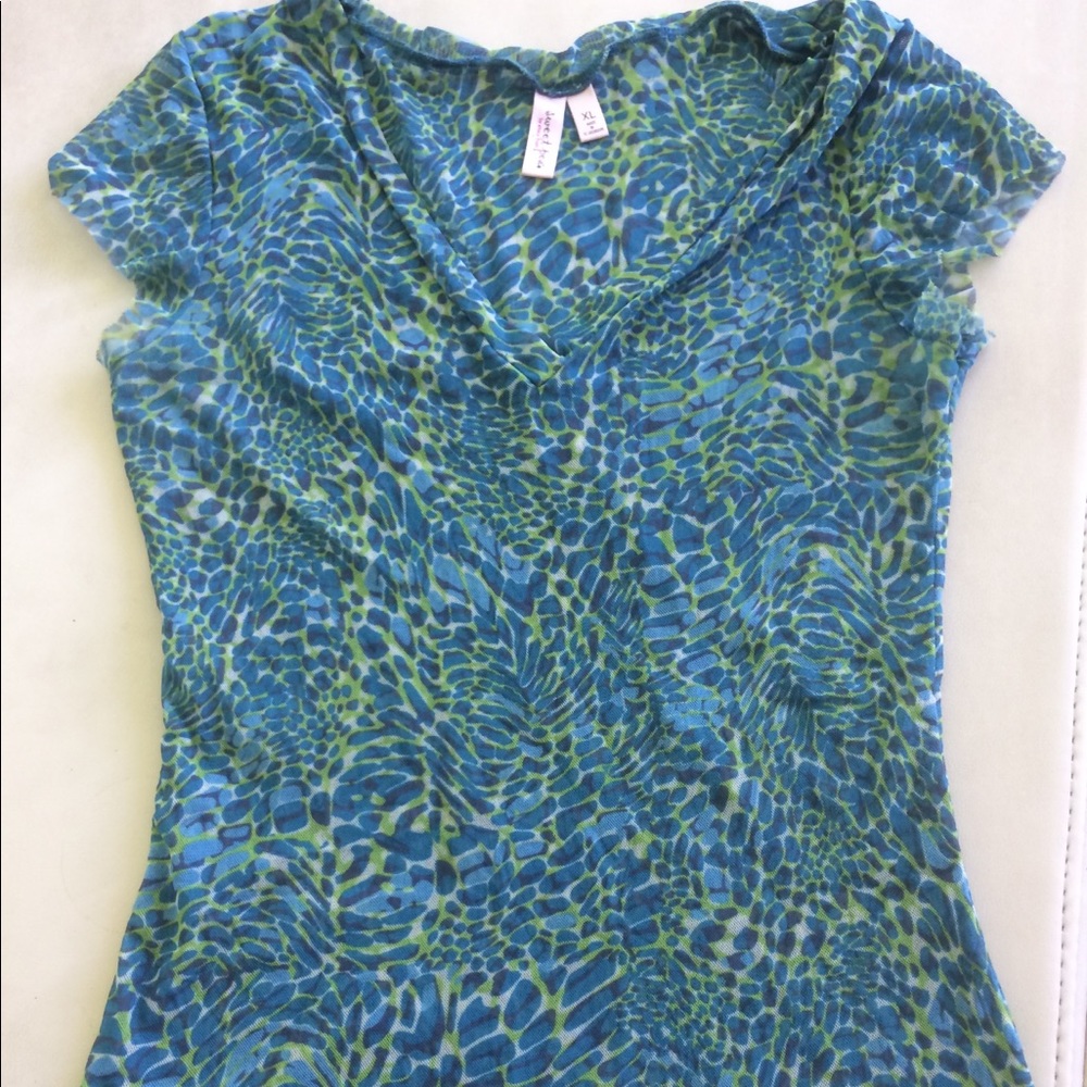 Blue green top with ruffle sleeves